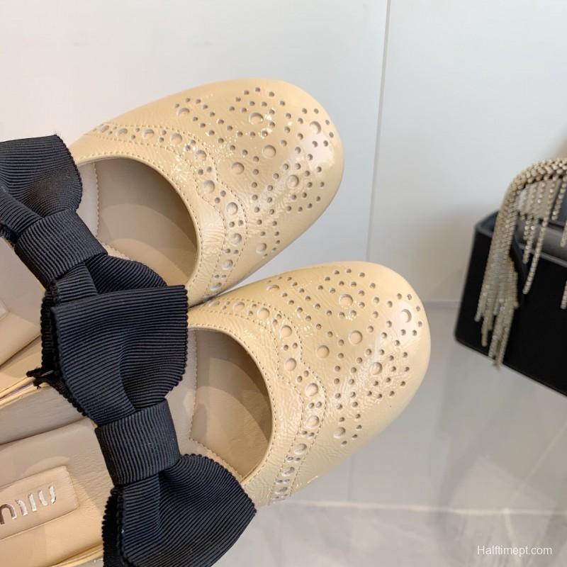 2025 Women Miu Miu Beige Black Leather Mary Jane Bow KFY00280