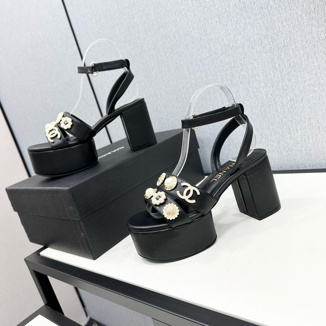 2025 Women Chanel Black Leather Platform Sandals MJ00310
