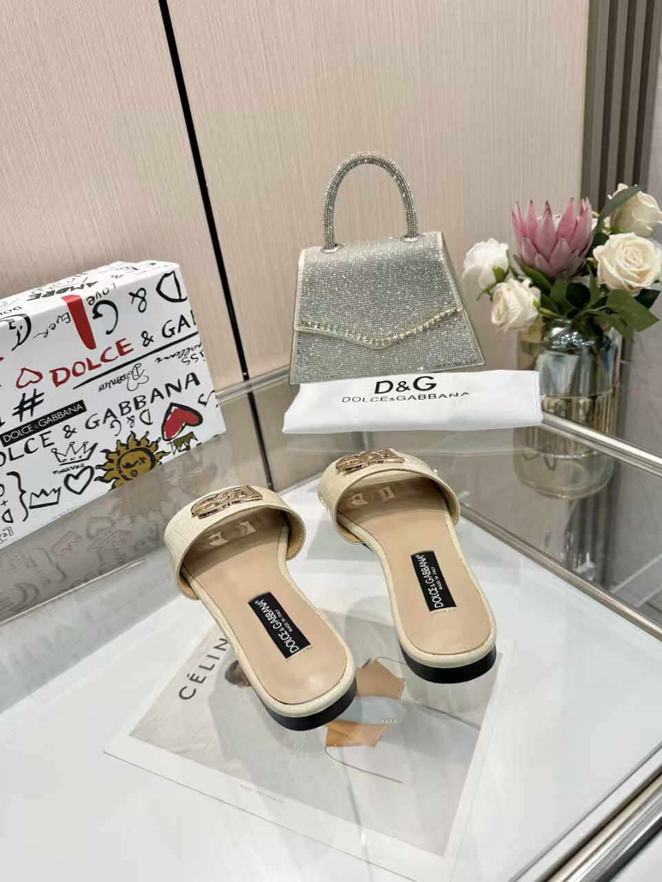 2025 Women Dolce & Gabbana Beige Leather Slippers