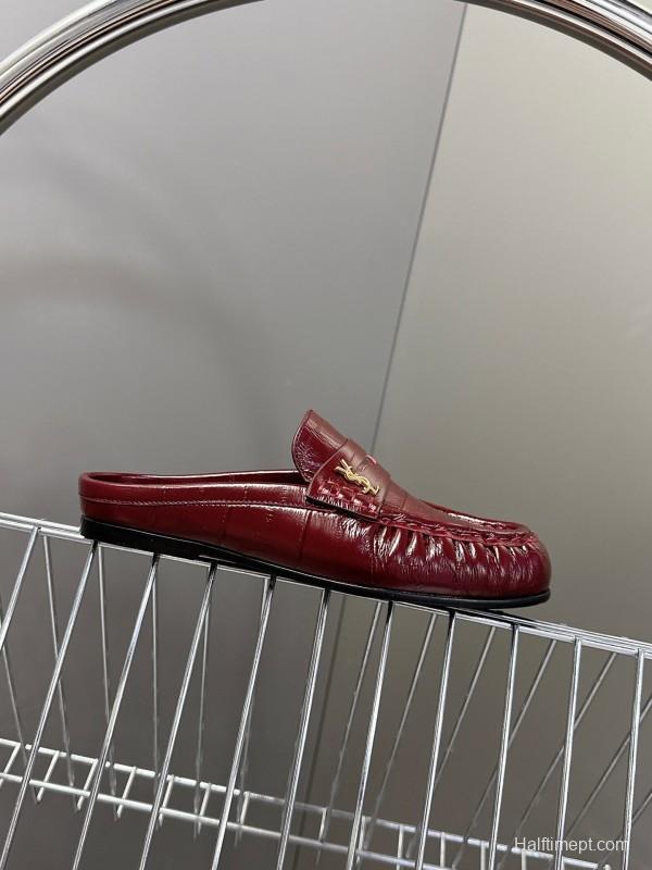 2025 Women Yves Saint Laurent Burgundy Leather Loafers