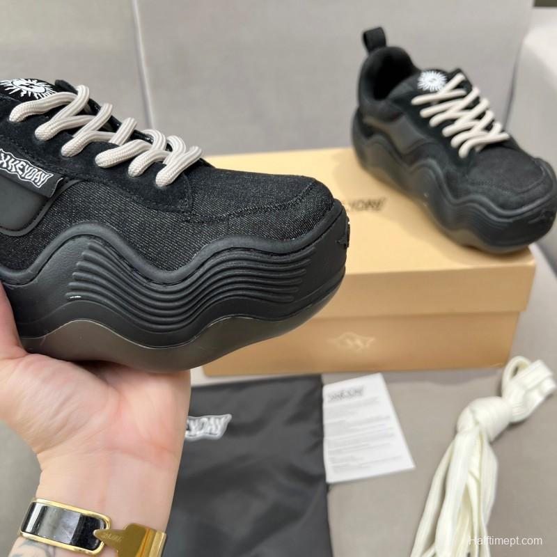 2025 Unisex HEYDAY Black Canvas Leather Wave Sneakers KFY00260