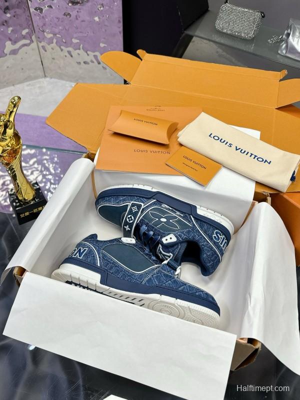 2024 Men Louis Vuitton Blue Denim Calfskin Silk Plimsolls Washed MJ00410