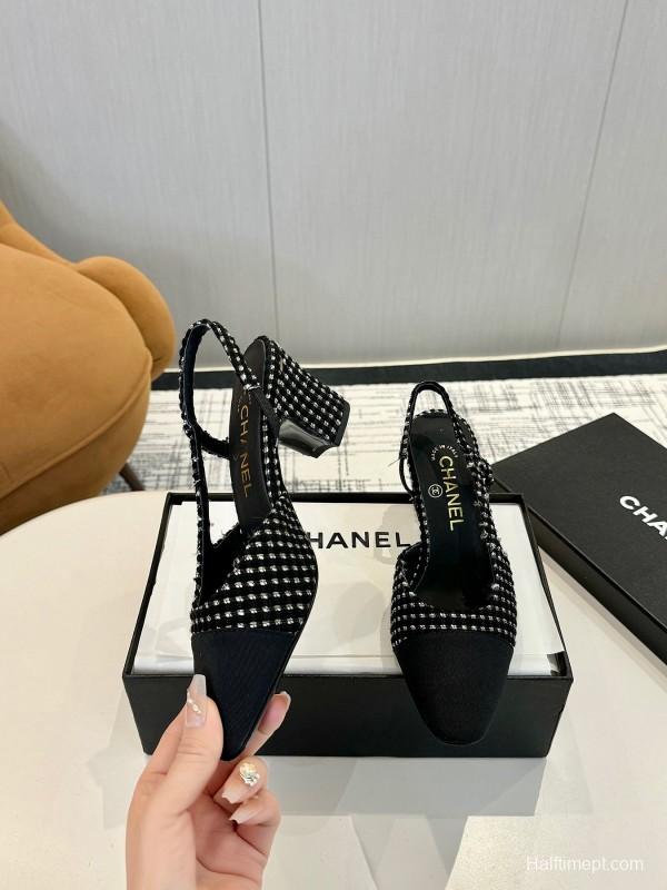 2025 Women Chanel Black White Fabric Slingback Heels LY00240