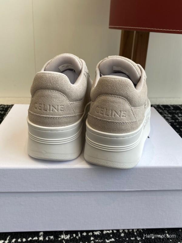 2025 Women Celine Beige Suede Platform Sneakers CELINE Embroidery