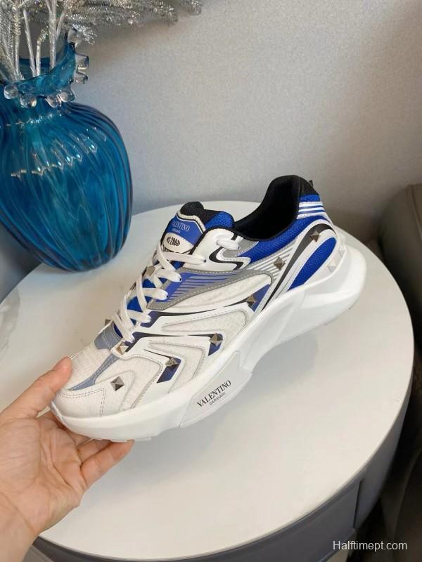 2024 Unisex Valentino Blue White Grey Mesh Leather Sneakers MJ00410