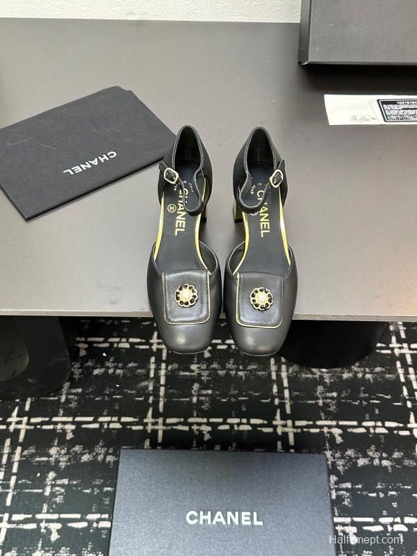 2025 Women CHANEL Black Leather Block Heel Metal Accent LY00360