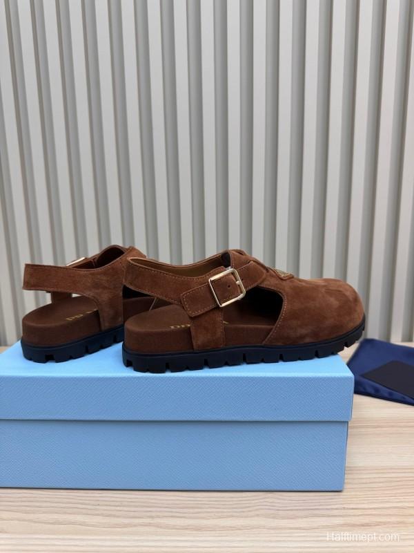 2025 Women Prada Brown Suede Slingback Buckle Sandals LY00280
