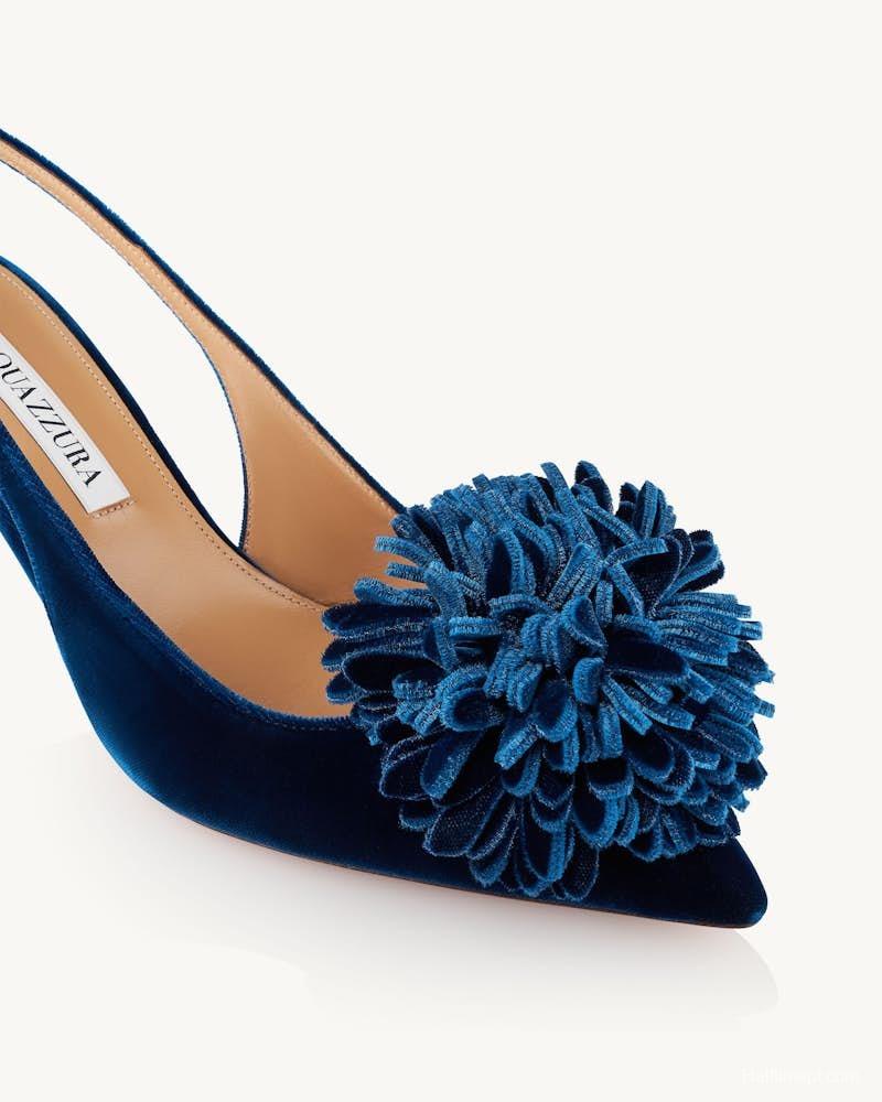 2025 Women Aquazzura Deep Blue Velvet Slingback Pom Pom Pumps KFY00320