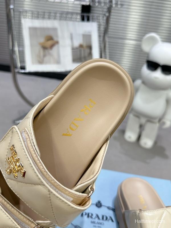 2025 Women Prada Beige Leather Slippers KFY00290