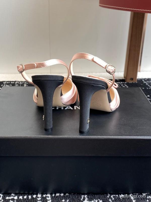 2025 Women Chanel Pink Black Satin Leather Slingback Heels KFY00289