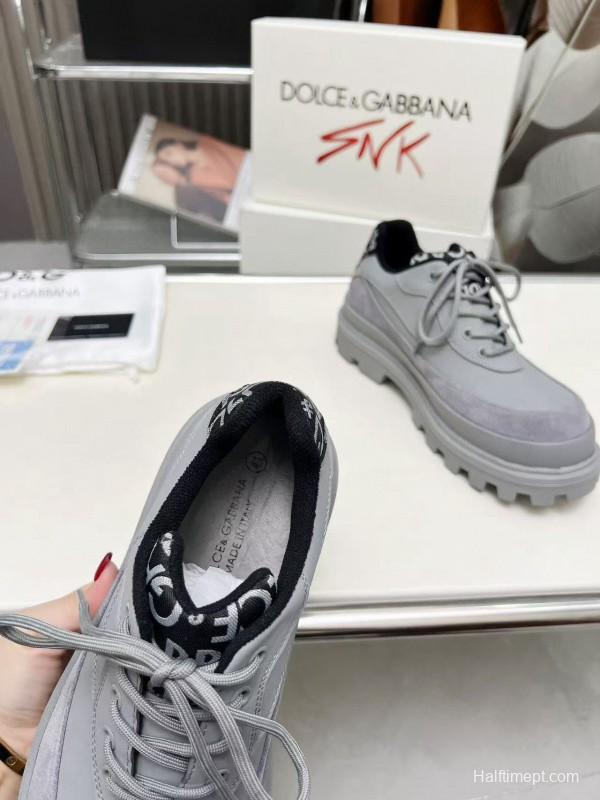 2024 Unisex Dolce & Gabbana Grey Leather Derby Casual Shoes MJ00360