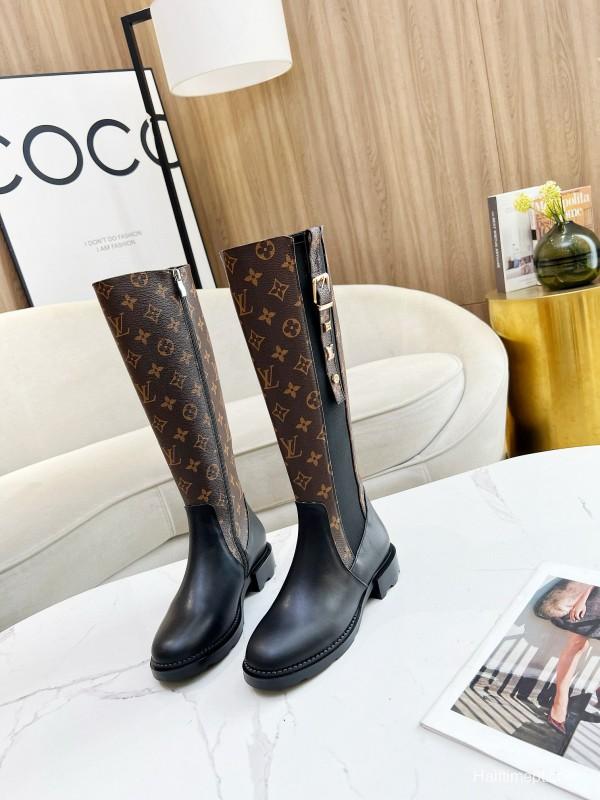 2024 Women Louis Vuitton Brown Black Leather Canvas Boots MJ00430
