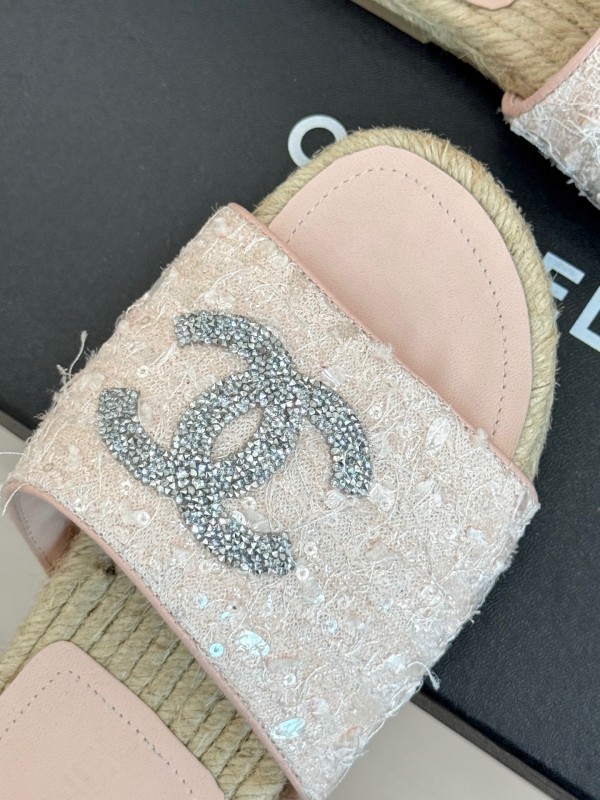 2025 Women Chanel Pink Tweed Espadrille Slide Sandals Handmade Craft KFY00240 (F)