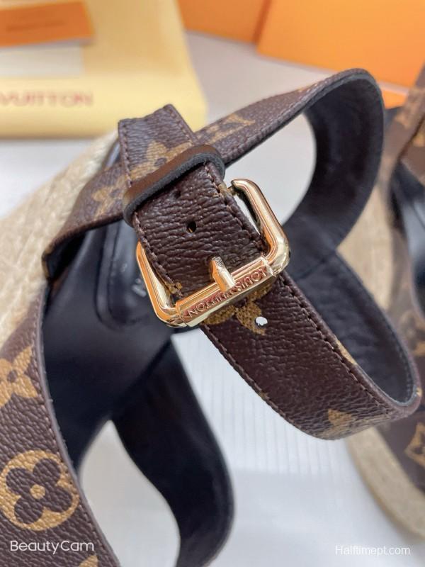 2025 Women Louis Vuitton Brown Leather Denim Espadrilles Wedge Sandals MJ00280