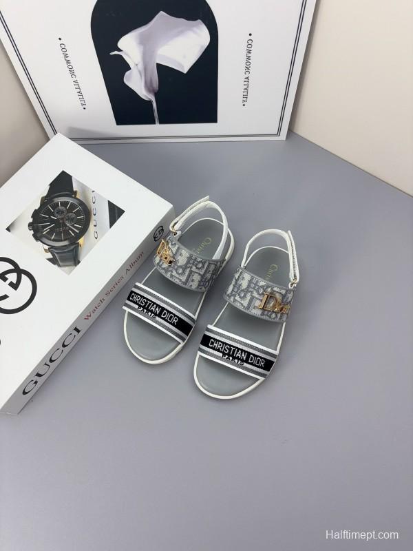 2025 Kids Dior Gray Black Canvas Leather Sandals