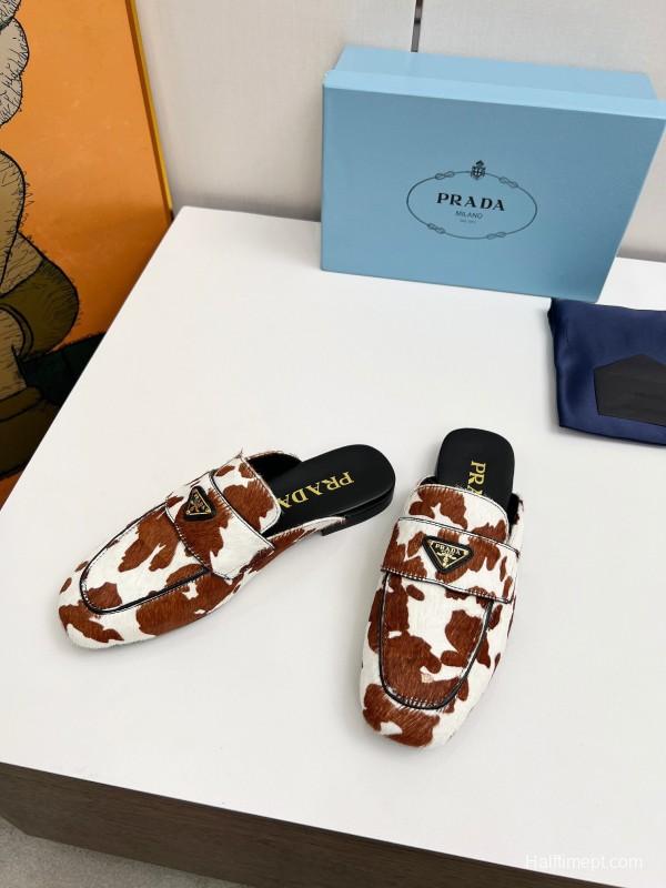 2025 Women Prada Brown White Calf Hair Leather Slippers LY00260