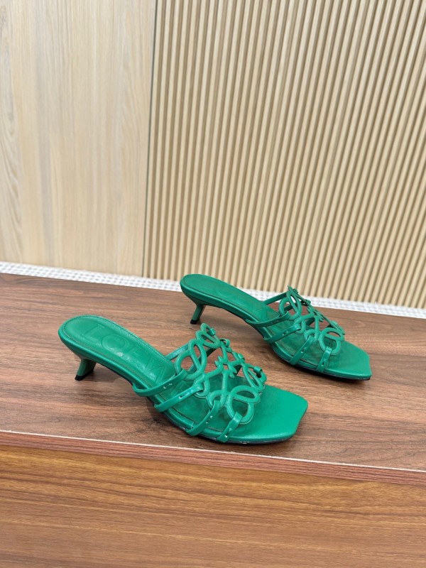 2025 Women Loewe Green Leather Heeled Sandals LY00250
