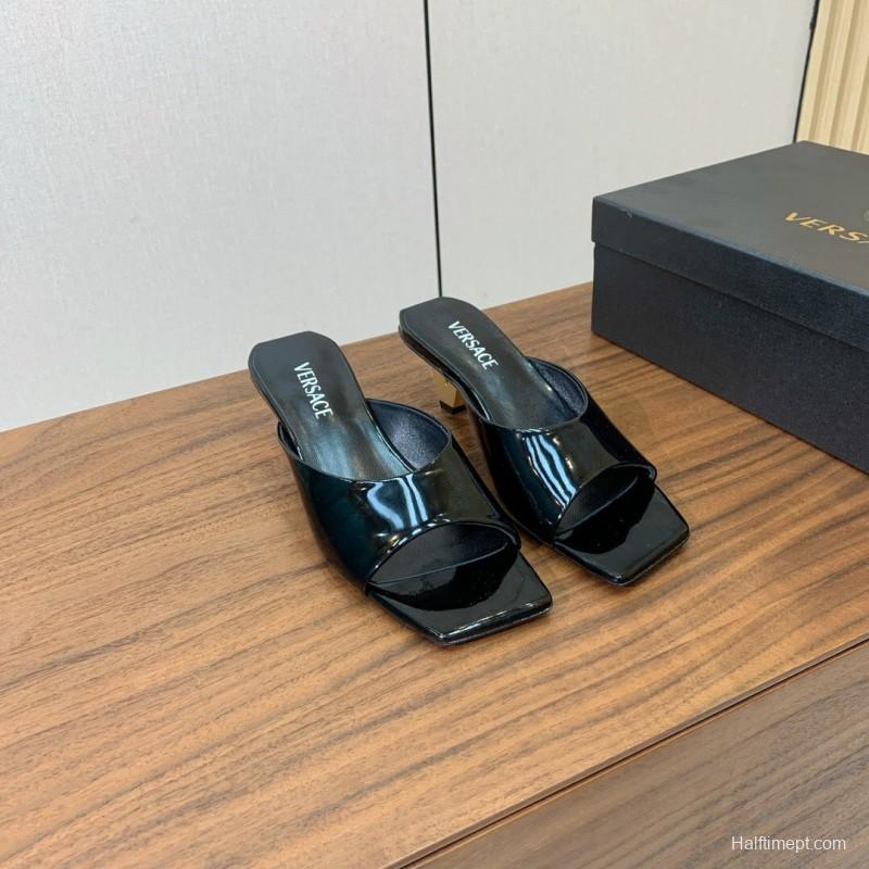 2025 Women VERSACE Black Patent Leather Slippers