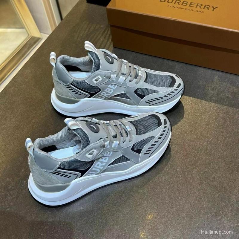 2025 Unisex Burberry Grey Suede Leather Mesh Sneakers Vintage Code MJ00380
