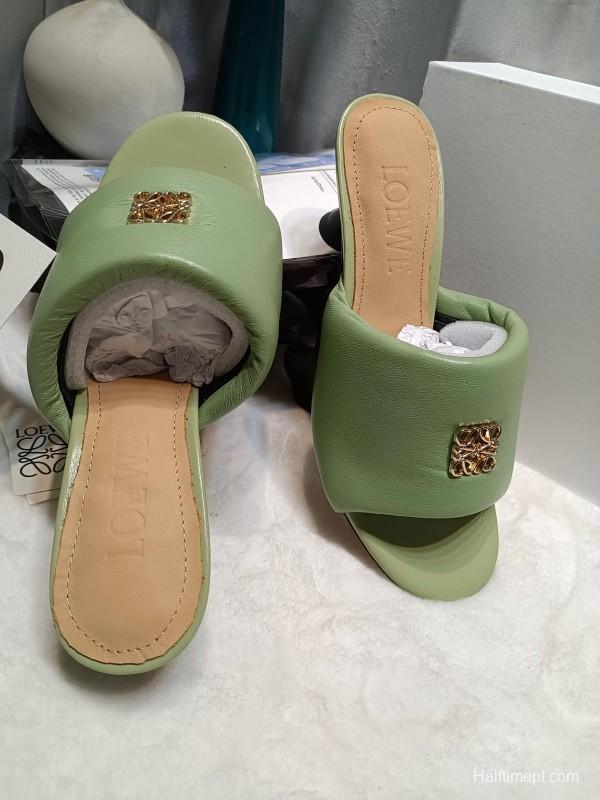 2025 Women Loewe Green Leather Slippers
