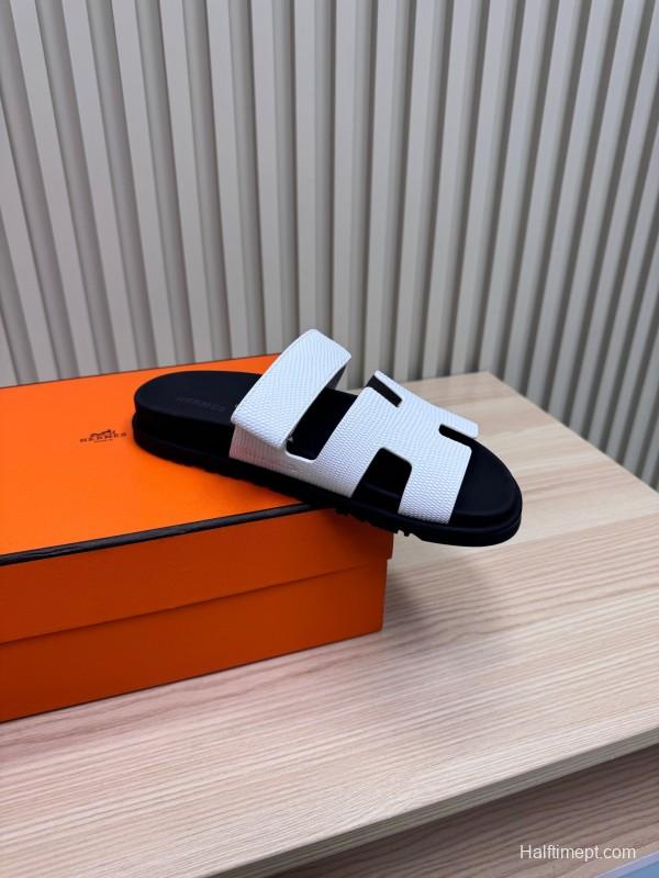 2025 Women Hermès White Black Leather Slippers