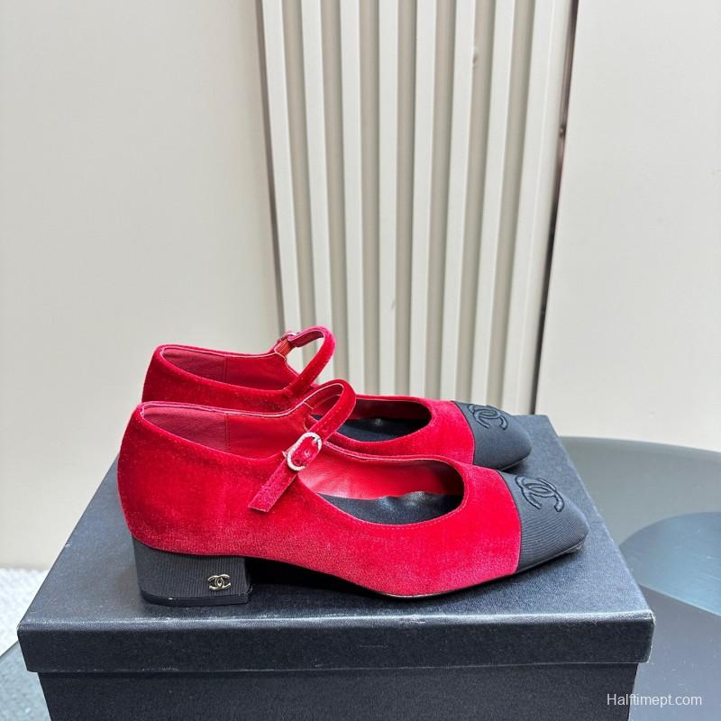 2025 Women Chanel Red Black Suede Leather Mary Jane Exclusive KFY00290
