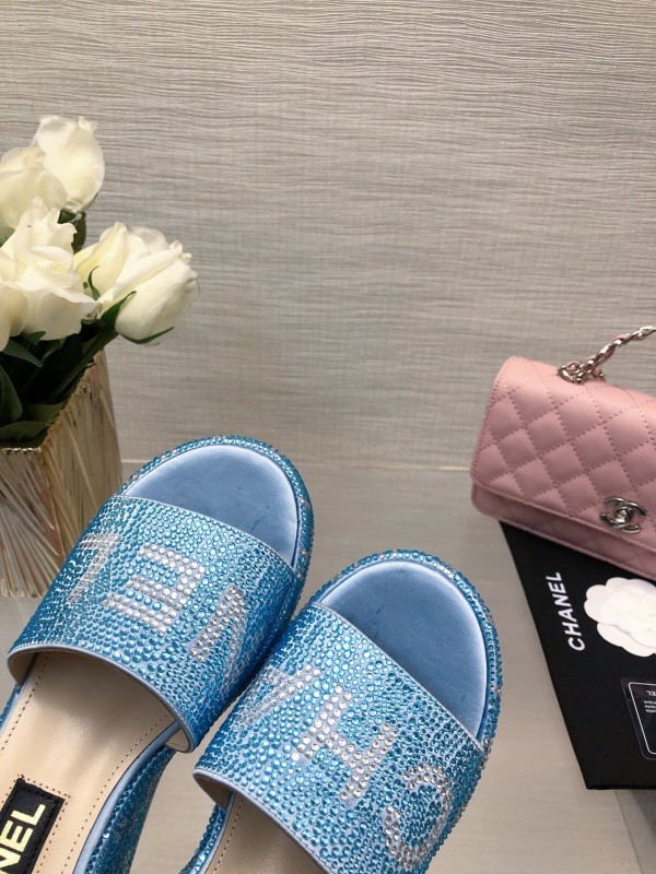 2025 Women Chanel Blue Fabric Platform Slippers LY00320