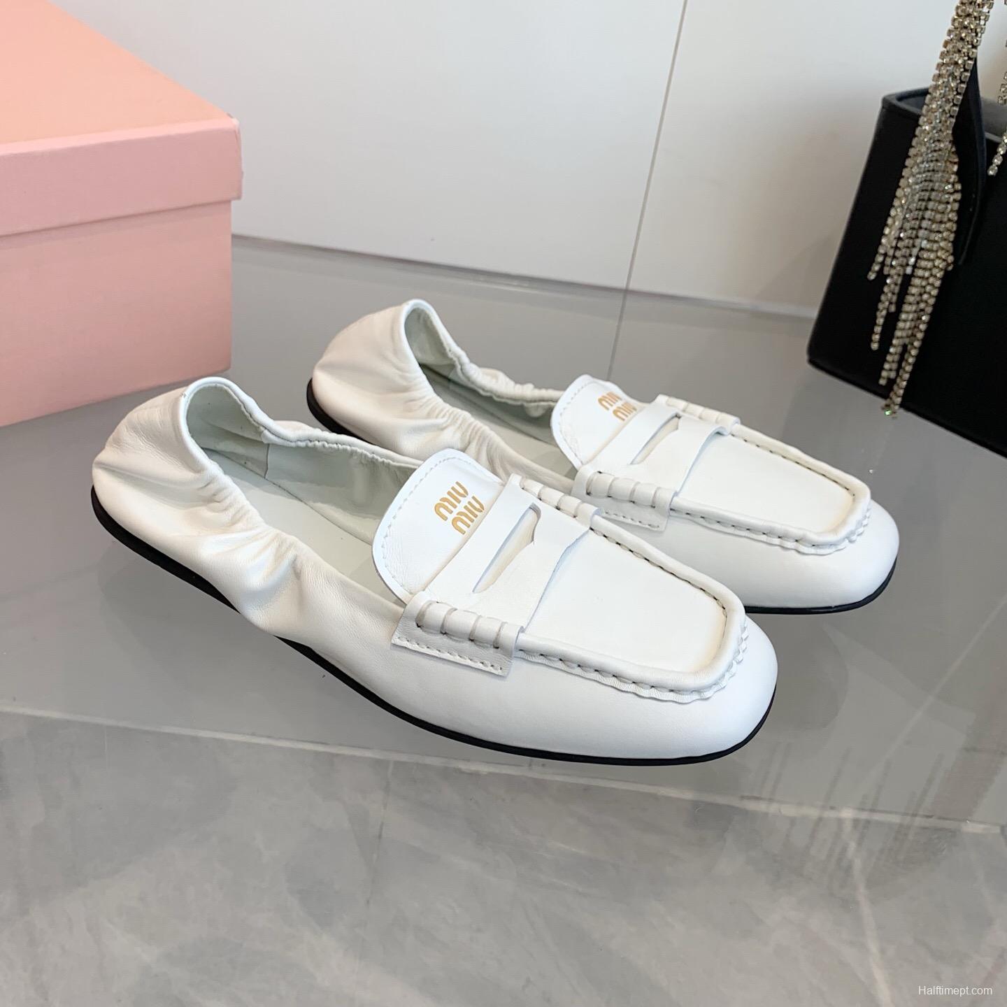 2025 Women Miu Miu White Leather Loafers