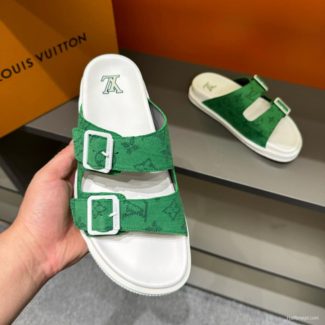 2024 Men Louis Vuitton Green Silk Leather Sandals MJ00210