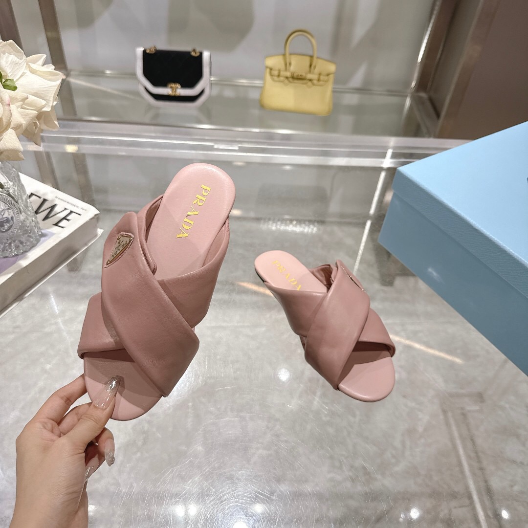 2025 Women Prada Pink Leather Slippers