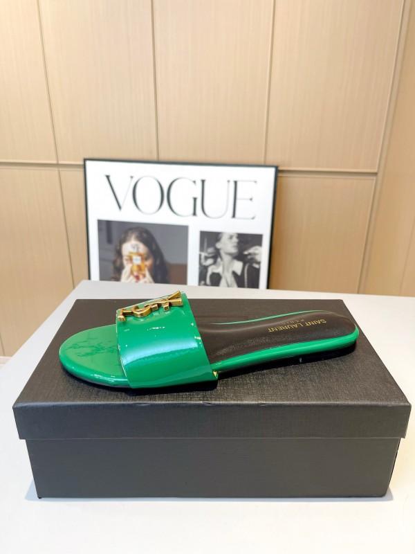 2025 Women Yves Saint Laurent Green Leather Slippers LY00180