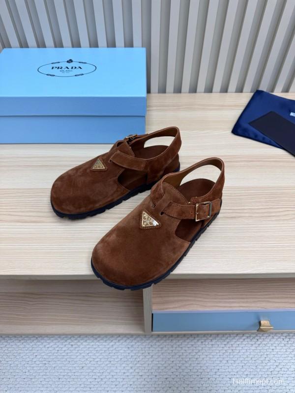 2025 Women Prada Brown Suede Slingback Buckle Sandals LY00280