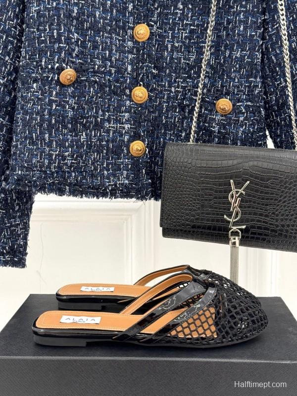 2025 Women AlAIA Black Leather Mesh Flat Mule KFY00260