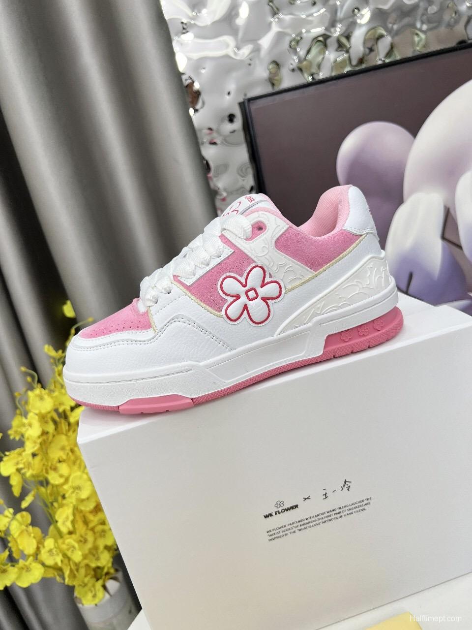 2025 Unisex WEFLOWER White Pink Suede Leather Sneakers LY00280