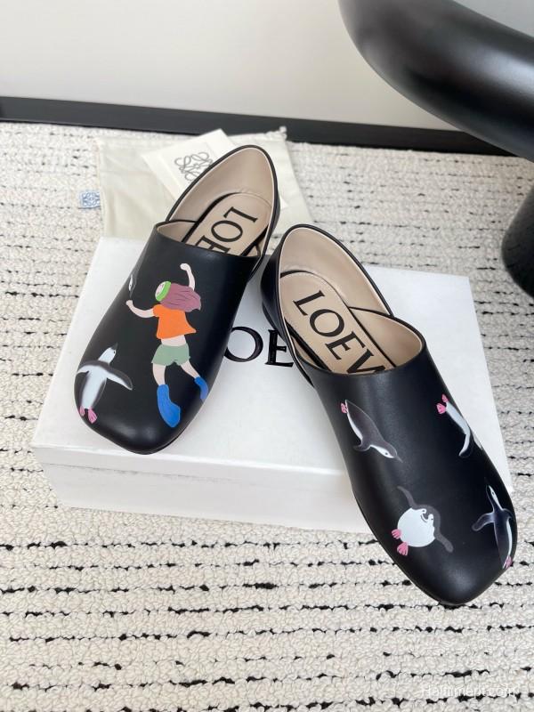 2025 Women Loewe Black Leather Loafers Painted LY00270