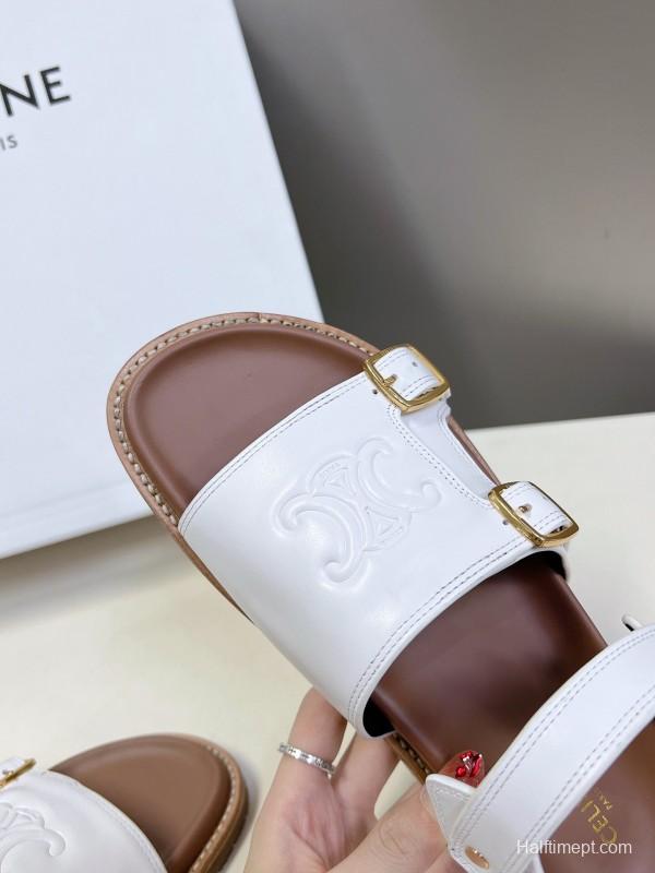 2025 Women Celine White Leather Sandals Buckle KFY00280