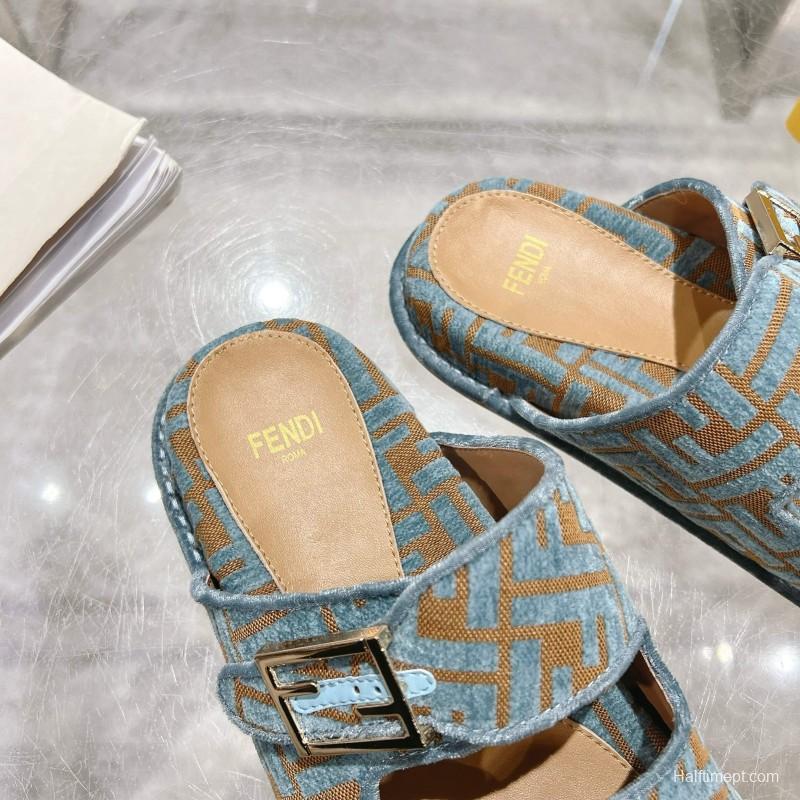 2025 Fendi Blue Beige Fabric Leather Slippers KFY00250