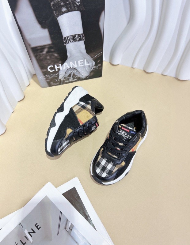 2024 Kids BURBERRY Beige White Black Leather Fabric Sneakers