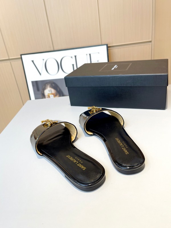 2025 Women Yves Saint Laurent Black Patent Leather Slide Sandals