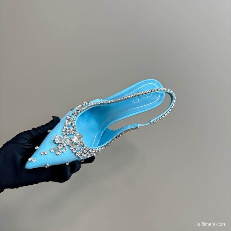 2025 Women Gucci Blue Silk Crystal Embellished Slingback Pumps MJ00340