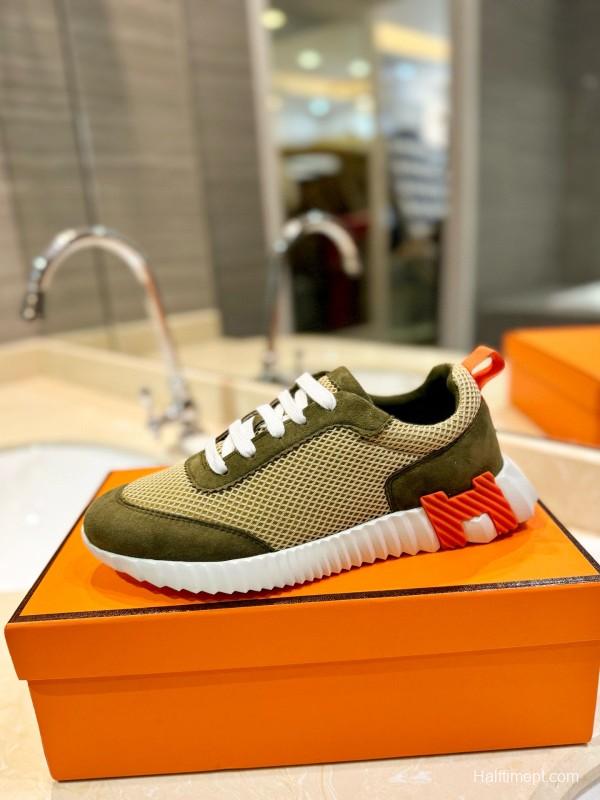 2024 Unisex Hermès Khaki Beige Suede Mesh Sneakers MJ00320
