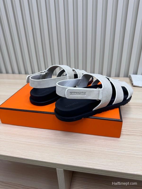 2025 Women Hermès White Leather Slippers