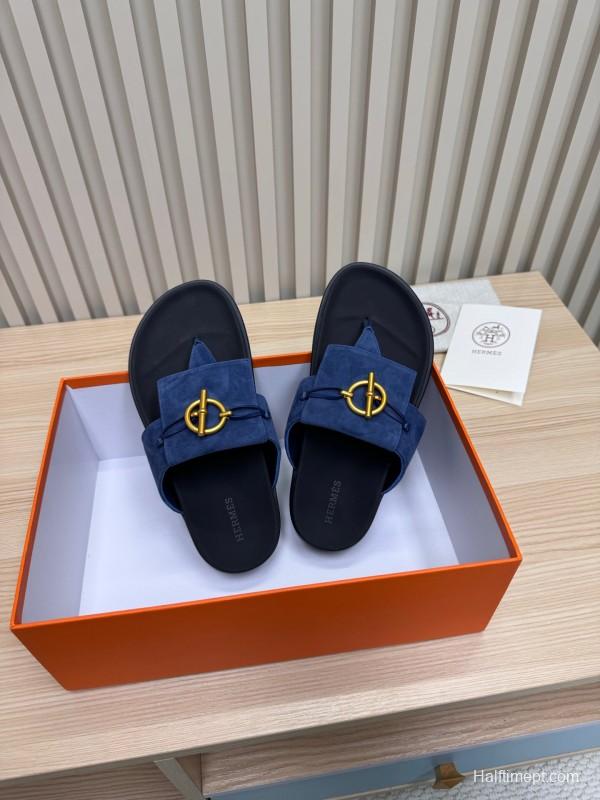 2025 Slippers Hermès Blue Leather Slippers