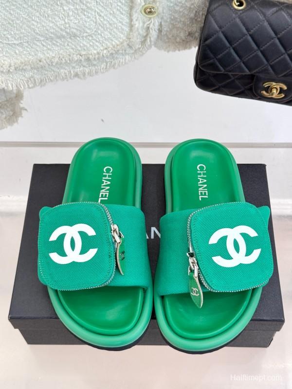 2025 Slippers Chanel Green Canvas Women Slippers KFY00220