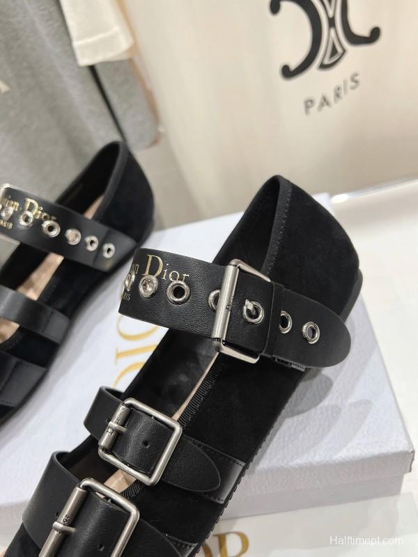 2025 Women Dior Black Leather Suede Mary Jane Buckle KFY00300