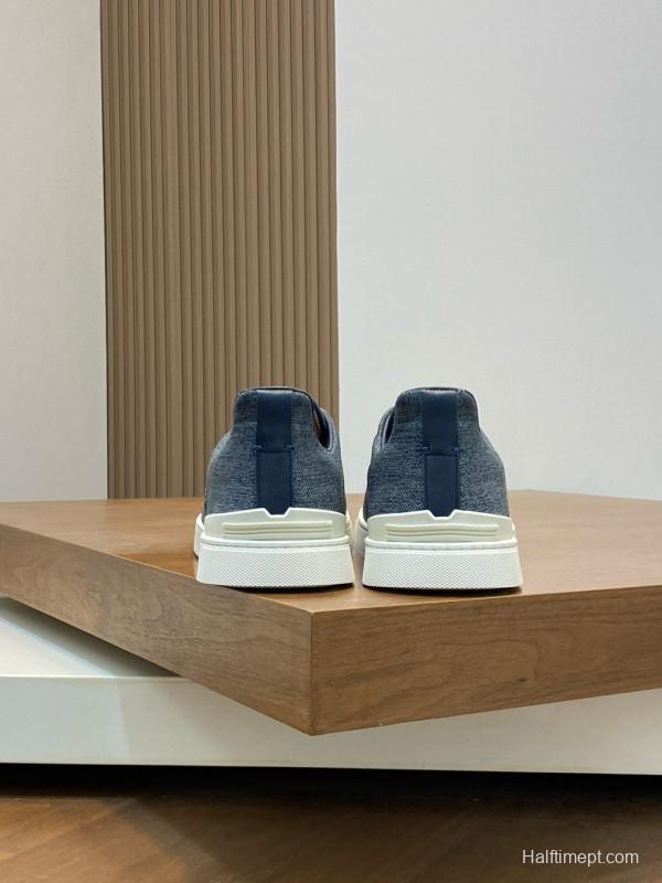 2024 Unisex Ermenegildo Zegna Grey Blue Pelletessuta Calfskin Sneakers Stretch Detail MJ00280