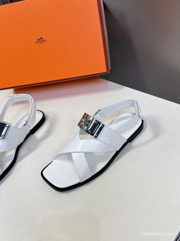2025 Women Hermès White Calf Leather Sandals Metal Buckle KFY00300