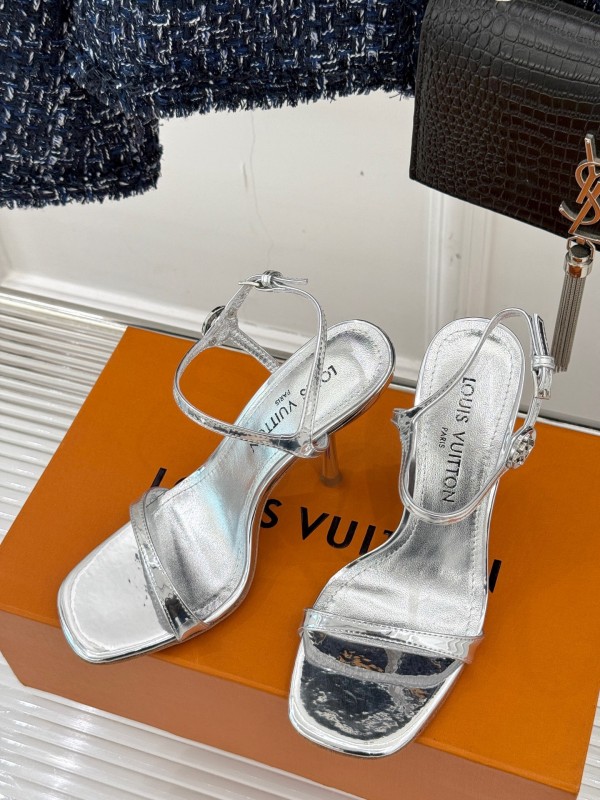 2025 Women Louis Vuitton Silver Calfskin Leather Strappy High Heel Sandals KFY00280
