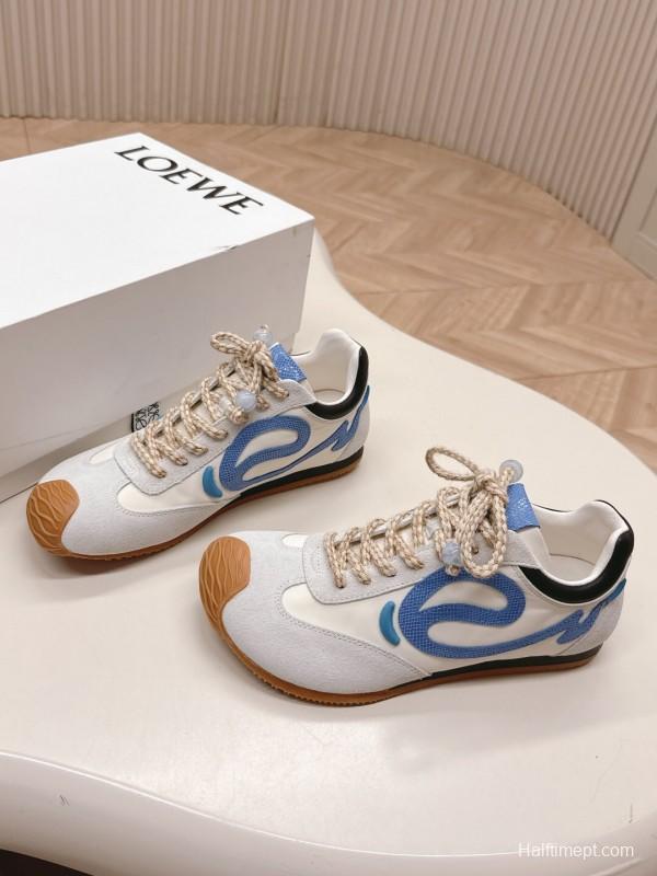 2025 Unisex Loewe White Blue Suede Mesh Casual Sneakers KFY00300