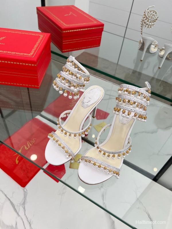 2025 Women RC White Crystal Pearl Leather High Heel Sandals LY00360